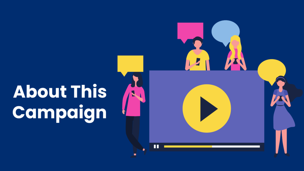 Four people can be seen next to a giant screen which is playing a video. All of them are engaged on their mobiles and chat bubbles appear next to them showing they are texting someone