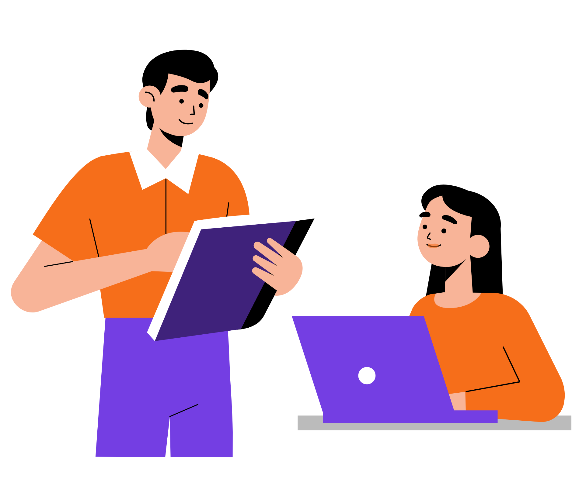 A boy is reading his book while the girl is writing on her laptop