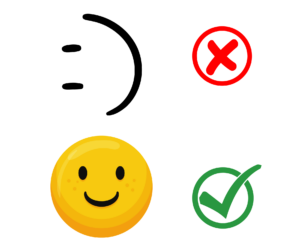Smiley emoticon using text with a wrong sign next to it. Emoji with a smiley face with a right sign next to it