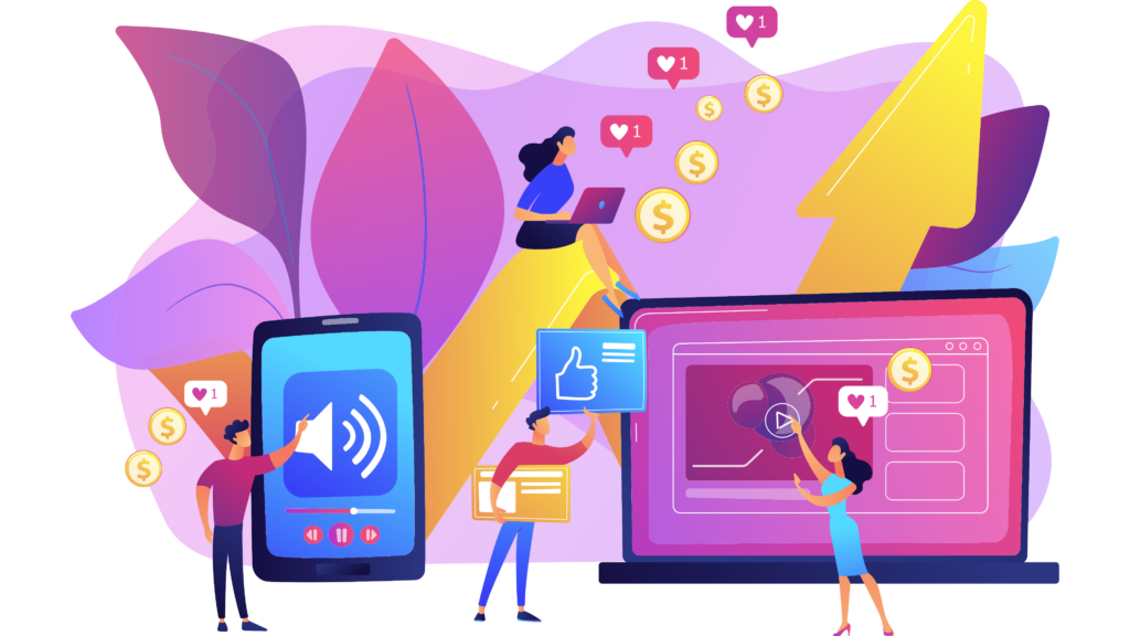 Graphic of people next to a giant mobile phone and laptop working on sounds, text, video. In the background you can see Instagram liked notification and money icons