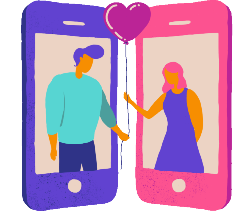 A boy and a girl giving a balloon to each other through their mobile screens